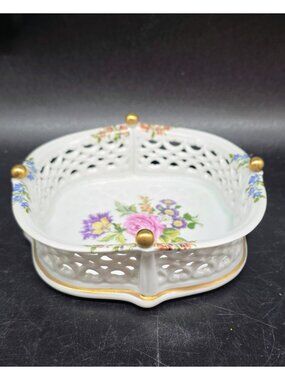 Vintage Wallendorf Reticulated Porcelain Trinket Jewelry Dish Boho Floral Glam